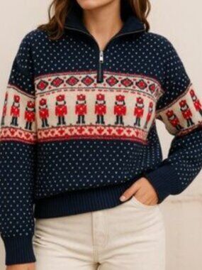 Soho & Stella 1/2 Zip Nordic Nutcracker Sweater in Blue/Red/White Medium